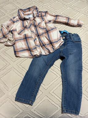 Toddler Plaid Button-Up Shirt and Denim Jeans Set - Cream, Blue, Rust